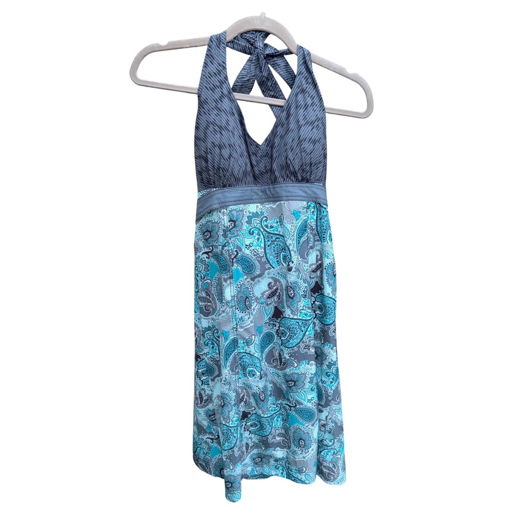 Athleta Pack Everywhere Halter Dress Mixed Paisley Teal Grey Summer Boho Size 6 - Picture 2 of 10